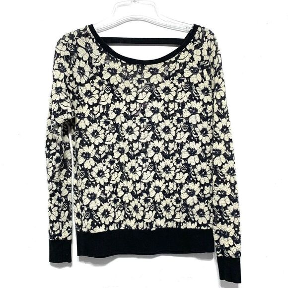 Dolled Up Sheer Sweater Black & Ivory Floral Round Neck Long Sleeve sz Large - Picture 1 of 8